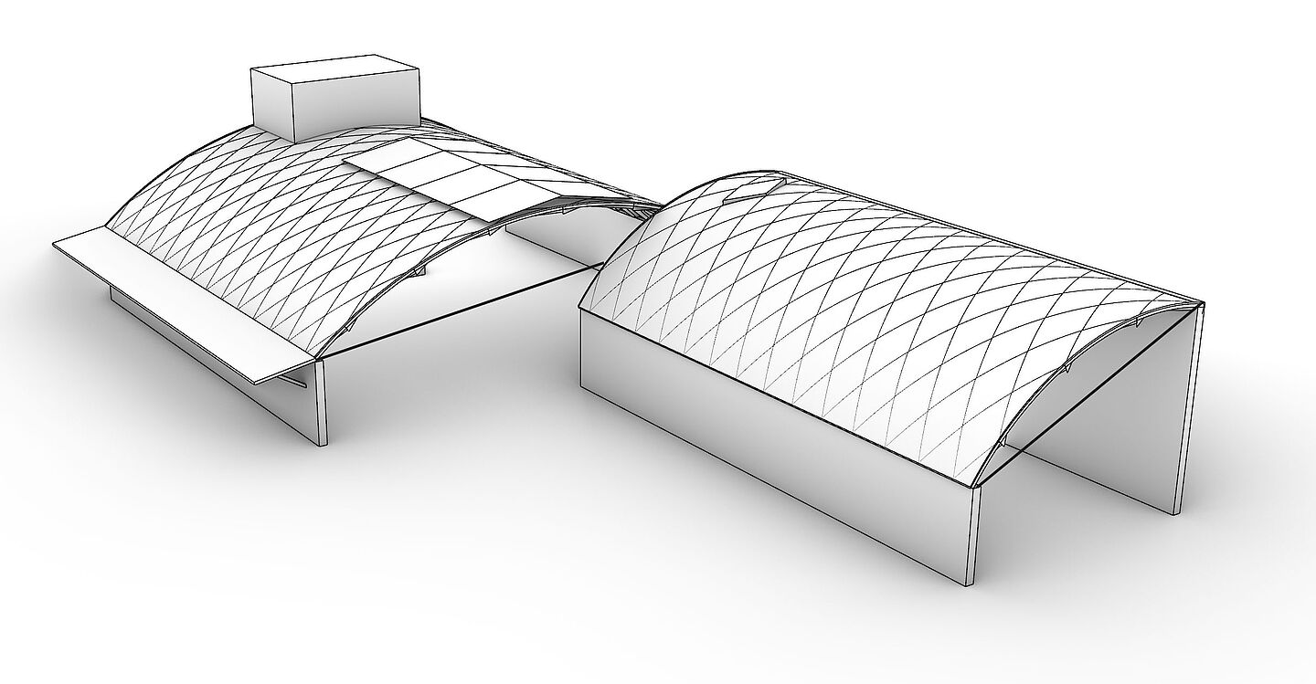 Modellhafte Ansicht eines Hallendachs