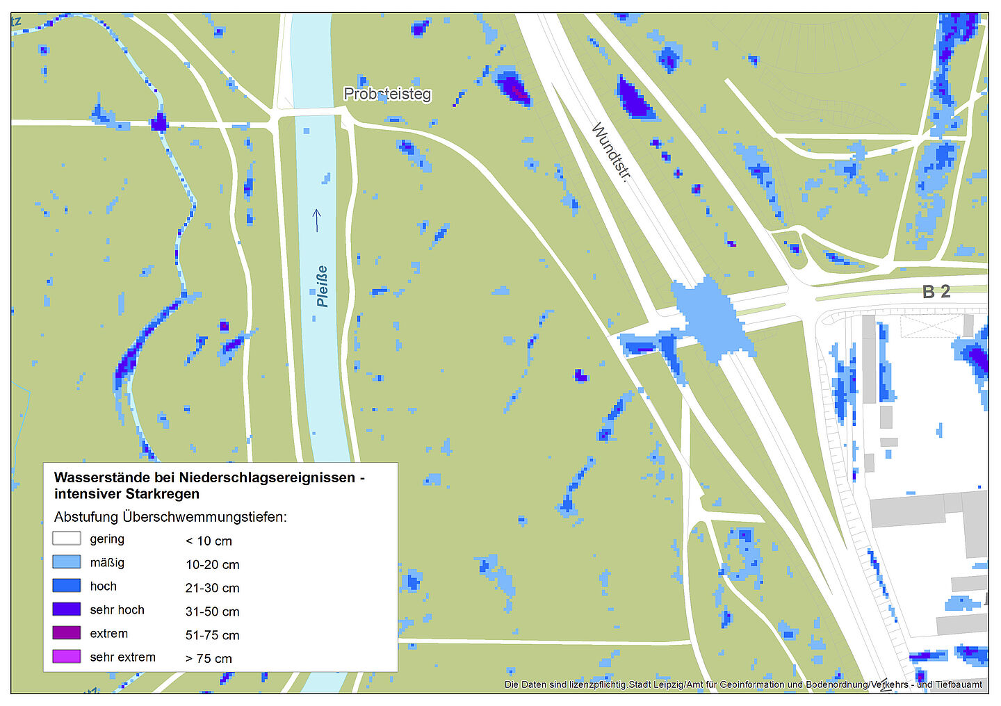 Ein Ausschnitt der Starkregengefahrenkarte Leipzig