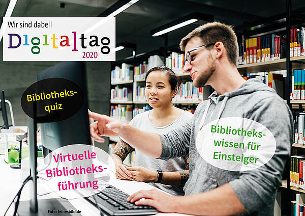 Hochschulbibliothek beteiligt sich am Digitaltag Ein Mann zeigt einer Frau etwas auf dem Computerbildschirm.