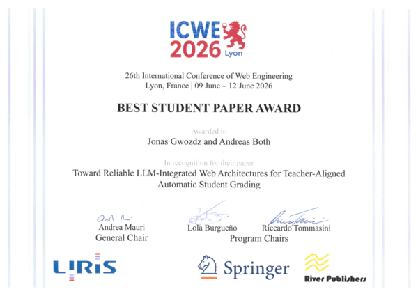 Scan der Urkunde "Best Student Paper Award" Die Urkunde der ICWE 2026 mit der Auszeichnung "Best Student Paper Award" als Scan.