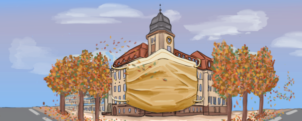 (Grafik: Marie Nowicki/HTWK Leipzig) farbige Illustration: Hochschulgebäude mit Mundschutz in Herbstfarben